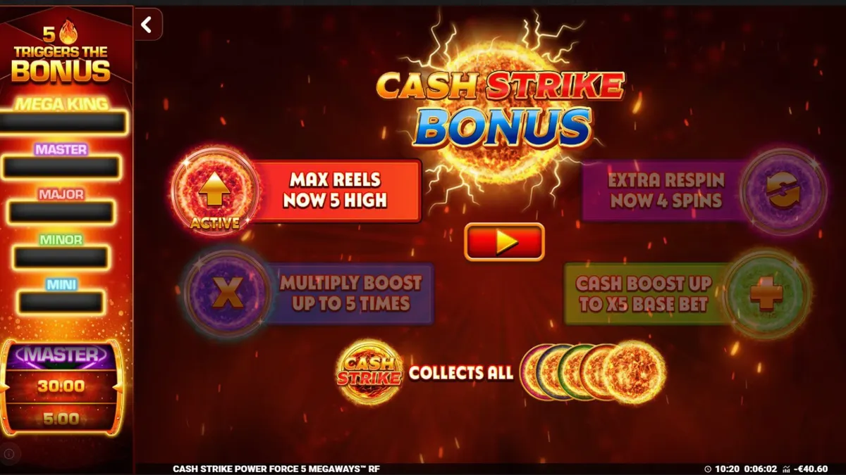 Interface do jogo Cash Strike Power Force 5 Megaways com símbolos de frutas clássicos