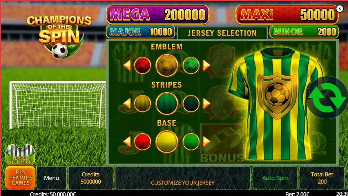 Interface do jogo Champion of The Spin exibindo o gramado do estádio e símbolos de futebol